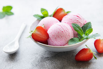 Homemade strawberry ice cream with fresh strawberries. sweet berry summer dessert. 