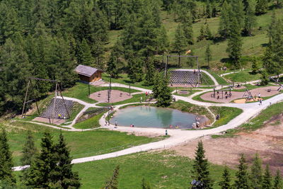 High angle view of road amidst trees