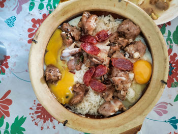 High angle view of pasta in bowl on table