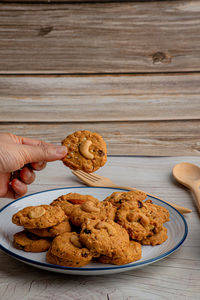 High angle view of cookies in plate on table