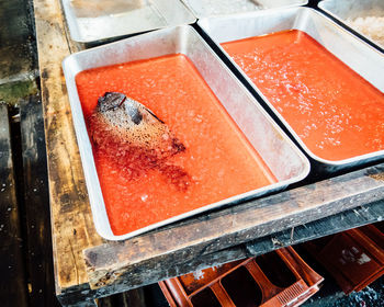 High angle view of meat on ice cream