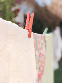 Close-up of clothes drying on clothesline
