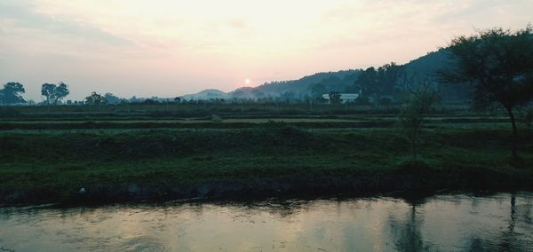 Scenic view of field against sky during sunset