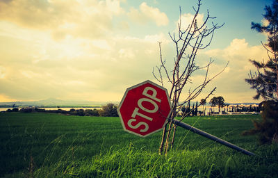 Road sign on field against sky