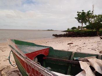 Rowboat at beach against sky 