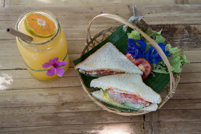 High angle view of breakfast on table