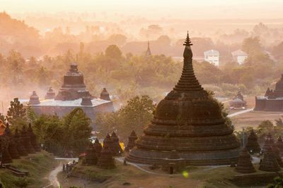 High angle view of temples amidst trees