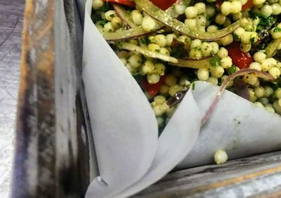 High angle view of chopped vegetables in plate