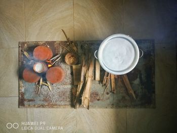 High angle view of breakfast on table