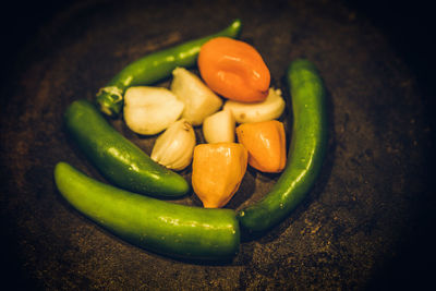 High angle view of vegetables in bowl on table