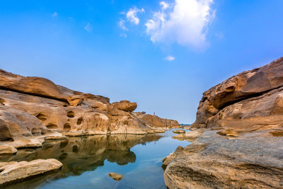 Rock formations in water against sky