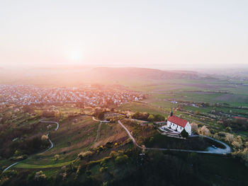 High angle view of buildings against clear sky