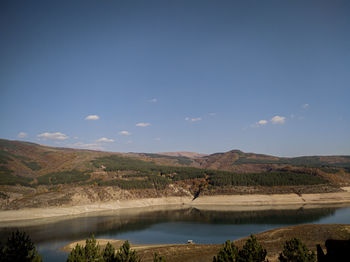 Scenic view of lake by mountain against sky