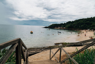 Scenic view of bay against sky