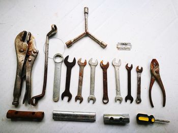 High angle view of work tools on table