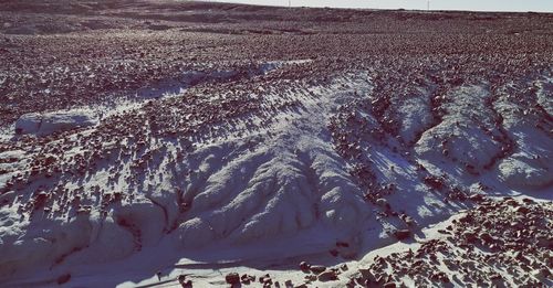 High angle view of snow covered field