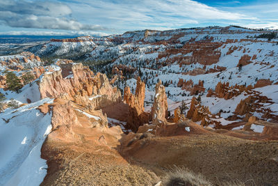 High angle view of rock formations in winter