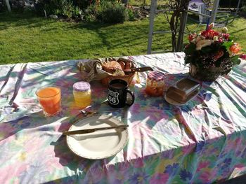 High angle view of glasses on table