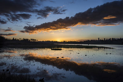 Scenic view of lake against sky during sunset