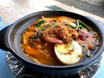 High angle view of food in bowl on table