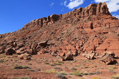 Low angle view of rocky mountains against sky