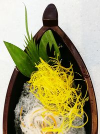 High angle view of bread in bowl on table