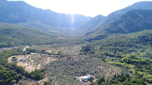 High angle view of trees and mountains