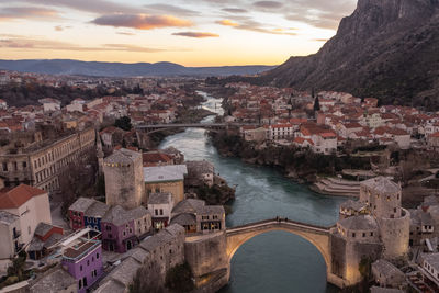 High angle view of townscape against sky during sunset