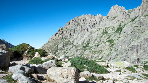 Scenic view of rocky mountains against clear blue sky