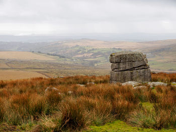 Tor rock formation among the moor  shrubs overlooking the hills of dartmoor devon, united kingdom.