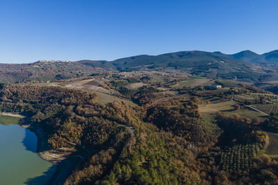 Aerial view of beautiful countryside with mountains in baschi, umbria, italy.