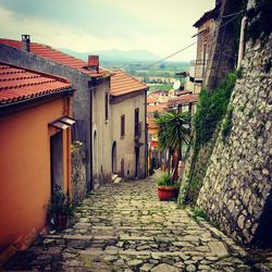Walkway amidst houses against sky