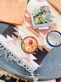 High angle view of drink on table