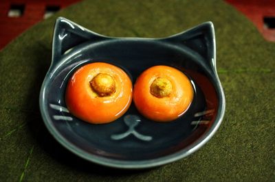 High angle view of fruits in bowl on table