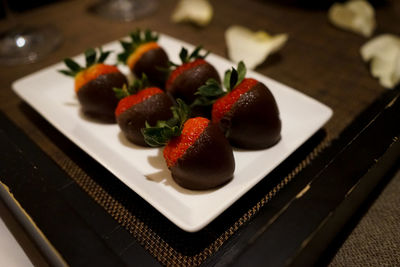 Close-up of served strawberries in plate