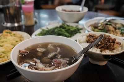 Close-up of meal served on table