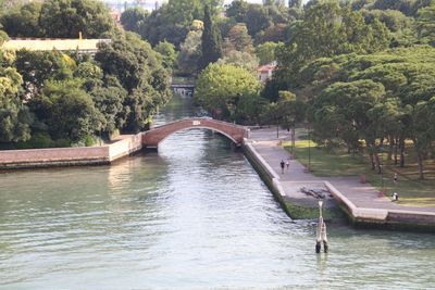 Footbridge over river amidst trees