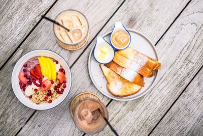 High angle view of breakfast on table