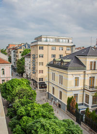 High angle view of buildings against sky