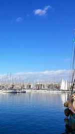 Sailboats moored on sea against blue sky