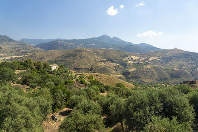 Scenic view of green landscape and mountains against sky