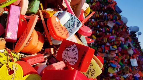 Close-up of padlocks hanging