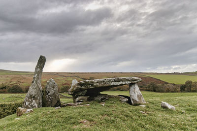 Rocks on field against sky