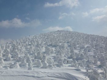 Snow covered landscape against sky