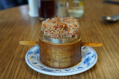 Close-up of dessert in plate on table