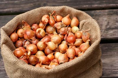 High angle view of onions in sack on wooden planks