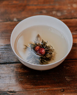 High angle view of vegetables in bowl on table