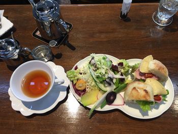 High angle view of breakfast on table