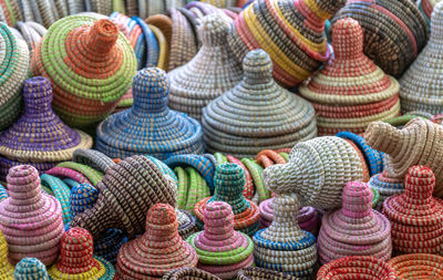 Close-up of colorful woolen container for sale