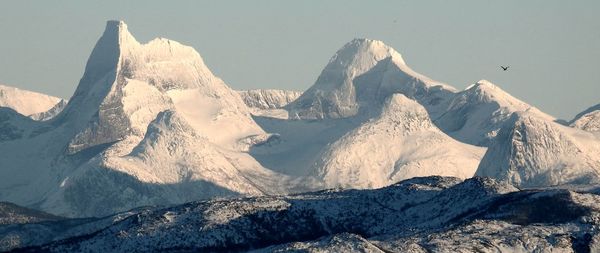 Panoramic view of snowcapped mountains against sky